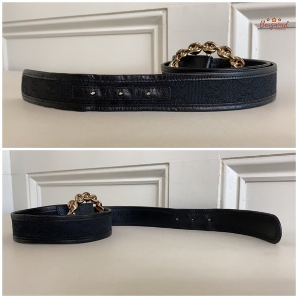 Authentic Gucci Black Monogram Canvas Leather Gold Chain Buckle Belt Size 85/34 - Picture 11 of 13